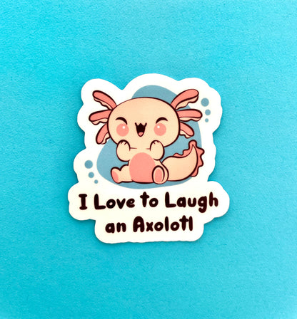 Funny sticker for teachers featuring laughing axolotl- close up