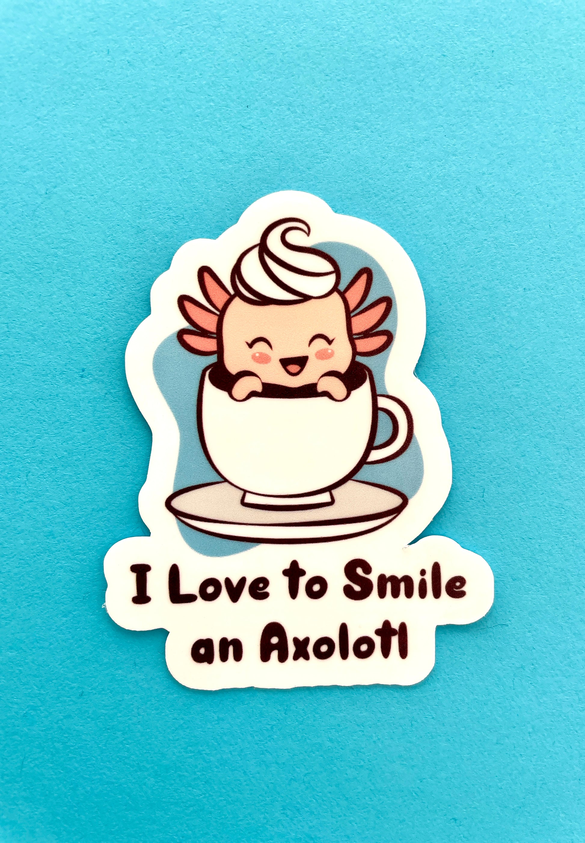 Funny sticker for teachers with an axolotl smiling- close up