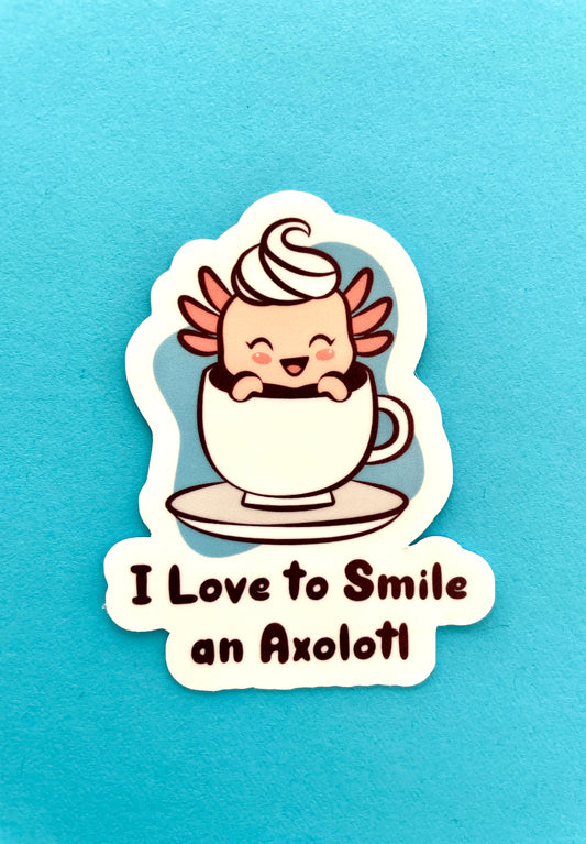 Funny sticker for teachers with an axolotl smiling- close up