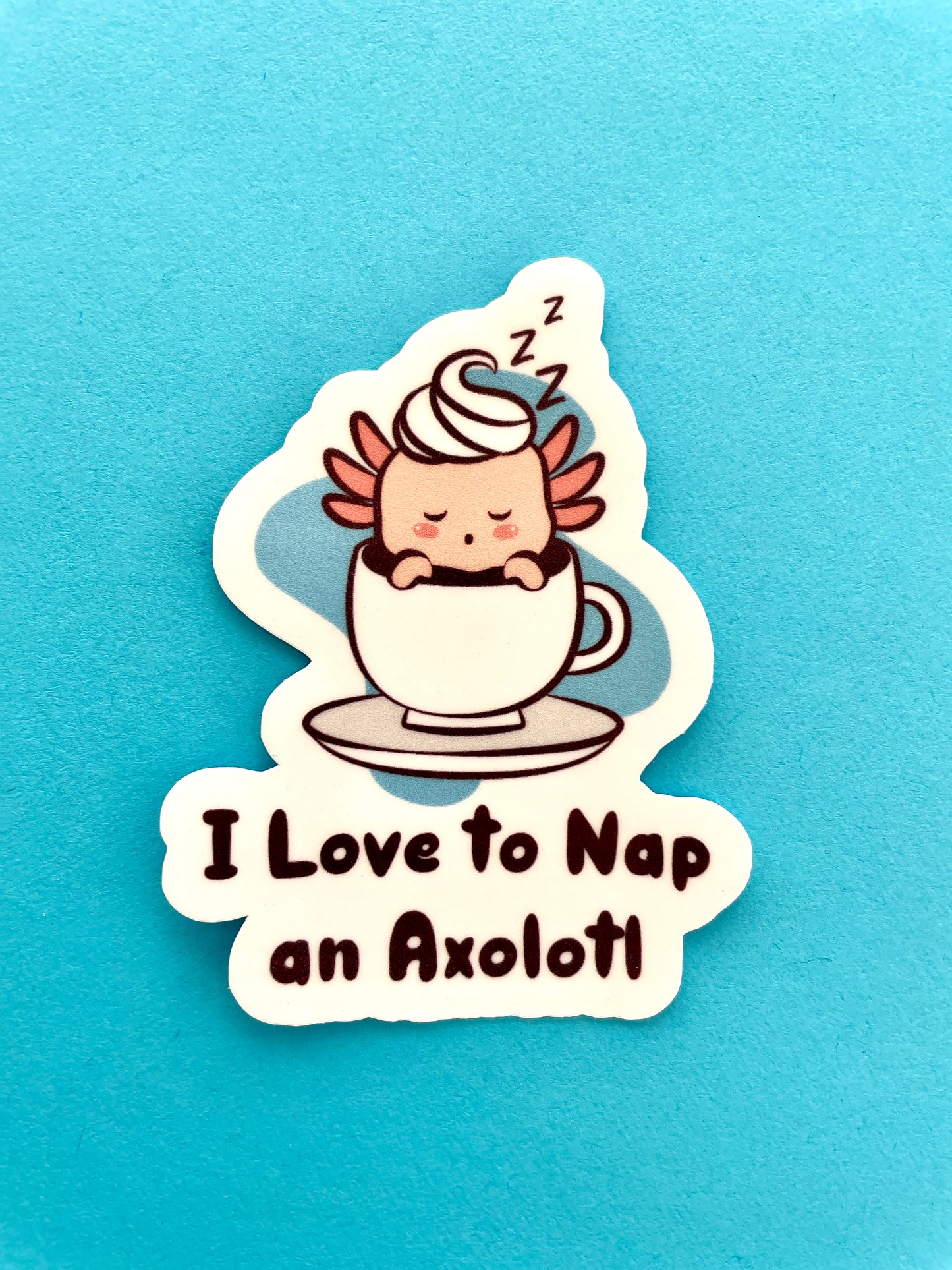 Fun sticker for teachers featuring an axolotl napping- close up