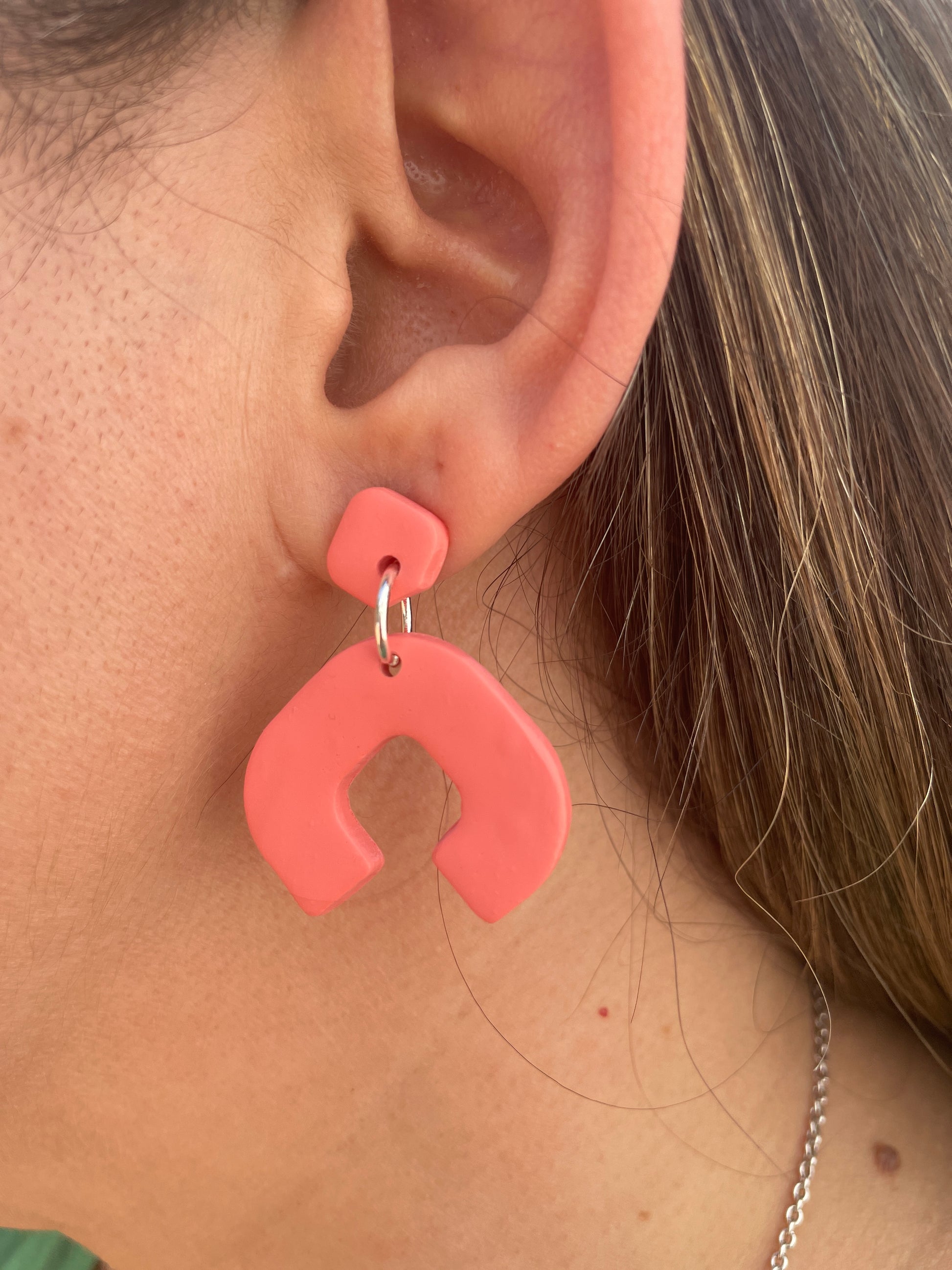 Geometric Coral Dangle Earrings Teacher Jewelry- Close Up Ear