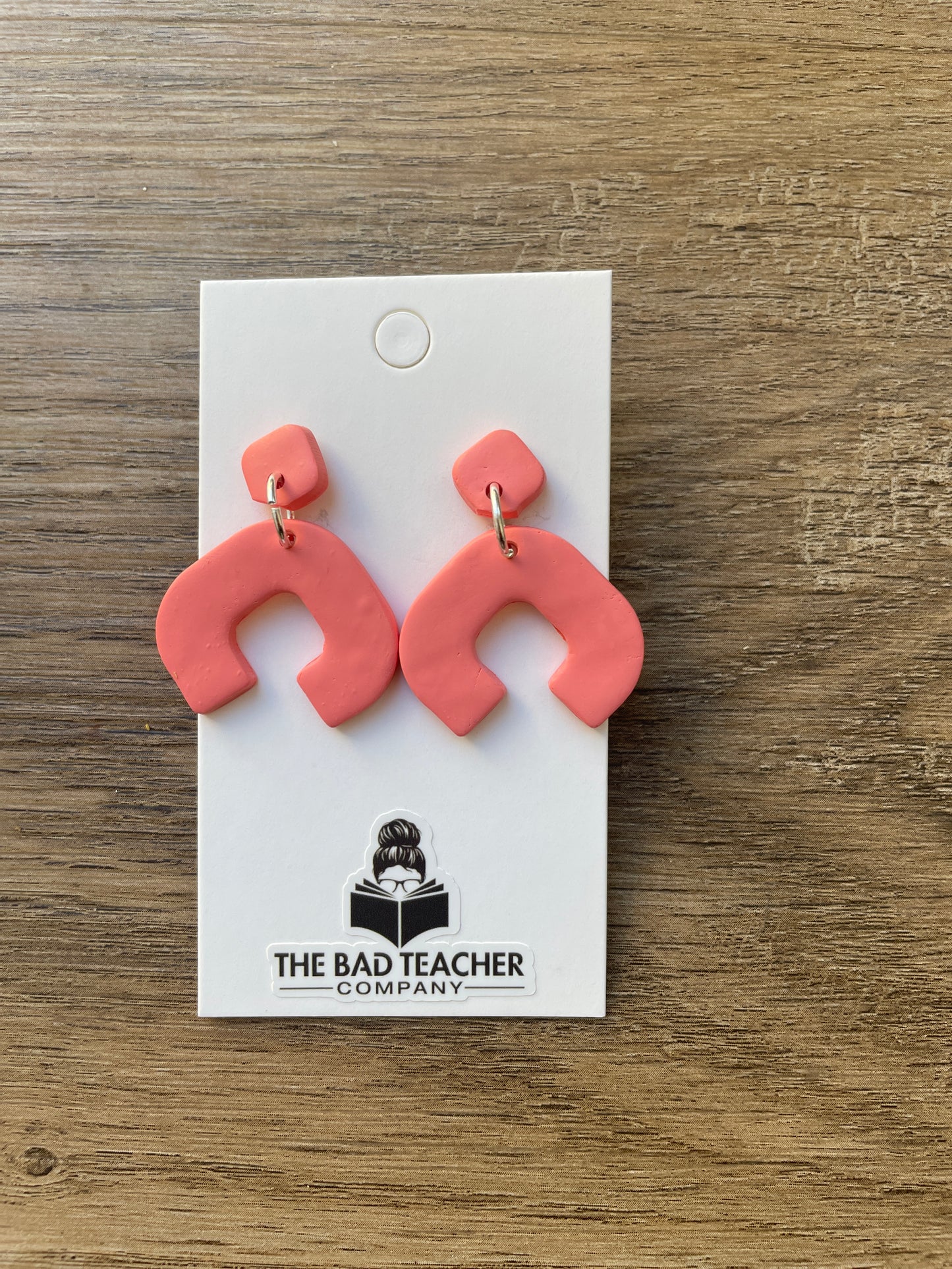 Geometric Coral Dangle Earrings Teacher Jewelry- Wood Background