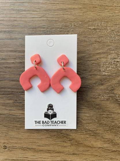 Geometric Coral Dangle Earrings Teacher Jewelry- Wood Background