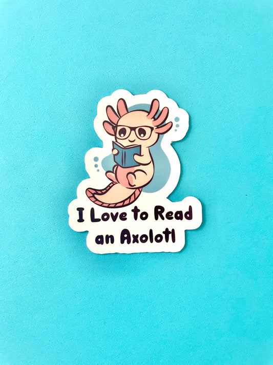 Funny teacher sticker featuring an axolotl reading- close up