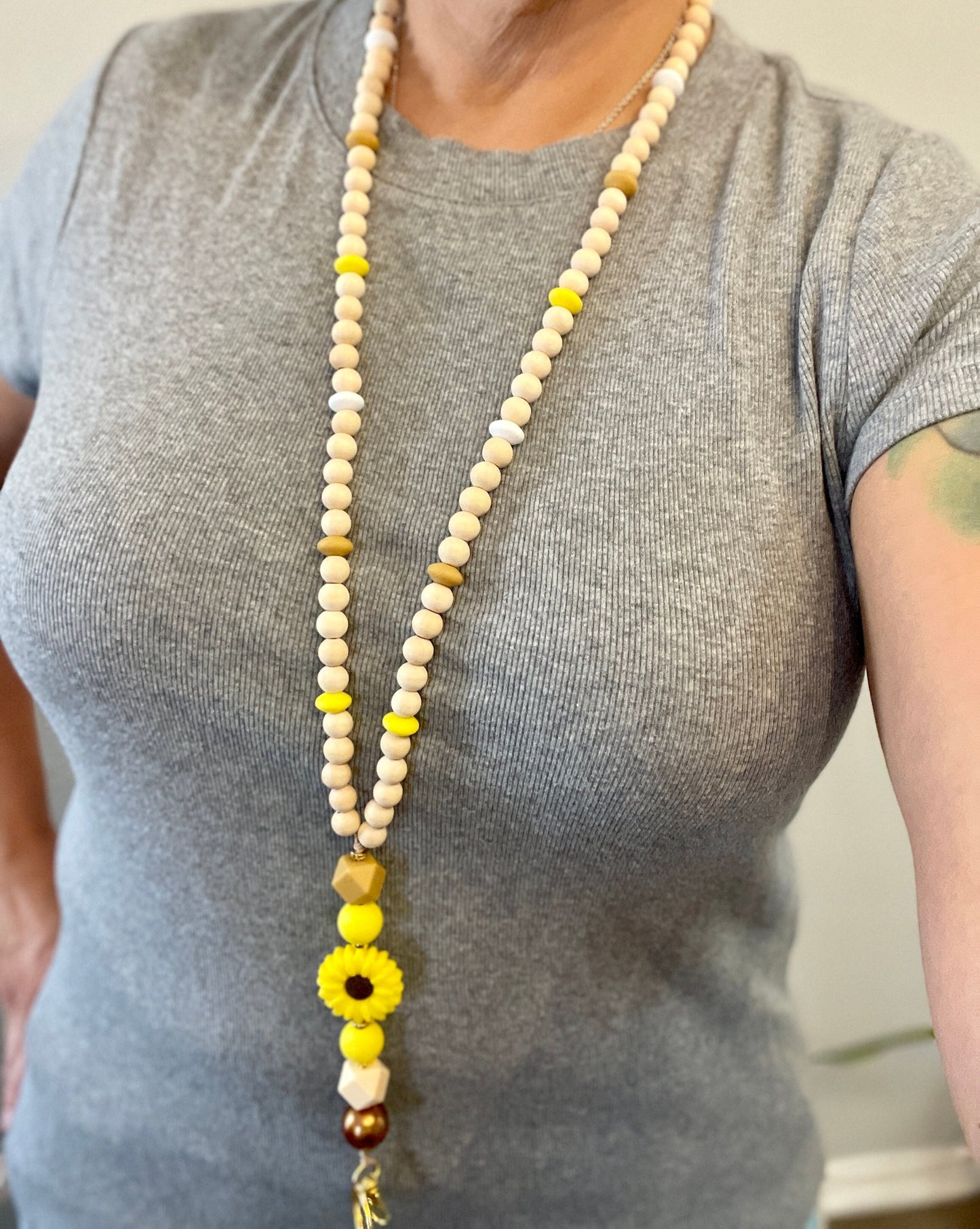 Sunflower Wooden beaded lanyard for teachers- hanging on neck