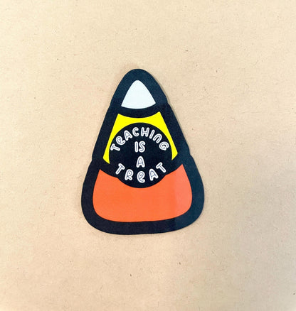 Fun Halloween Candy Corn sticker for teachers featuring Teaching is a Treat theme