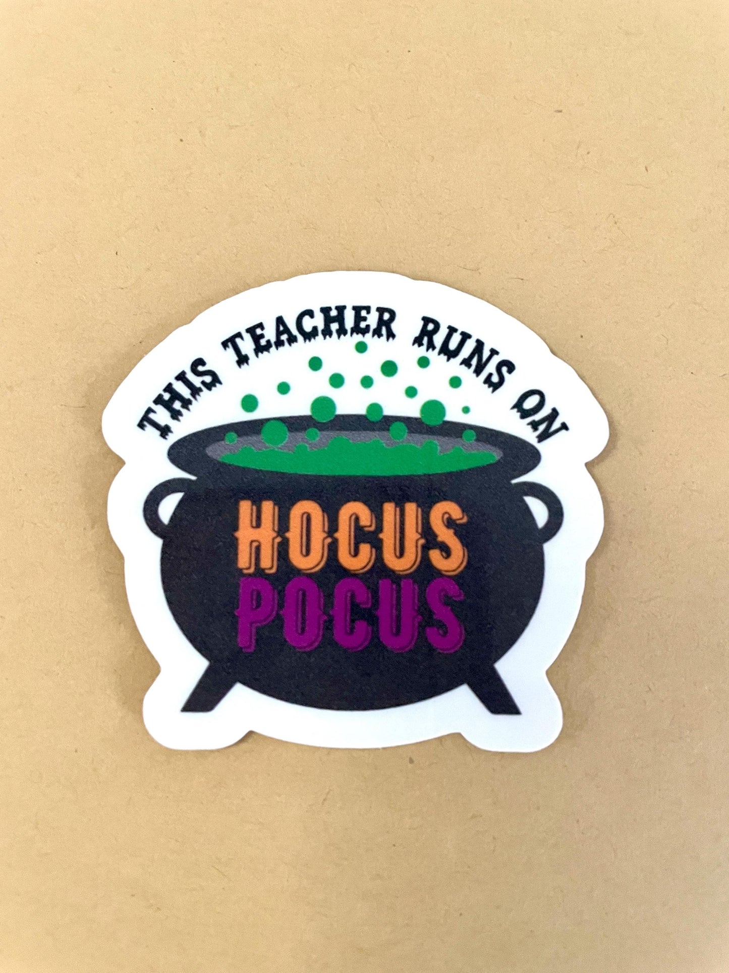 Fun Halloween cauldron sticker for teachers featuring Hocus Pocus theme