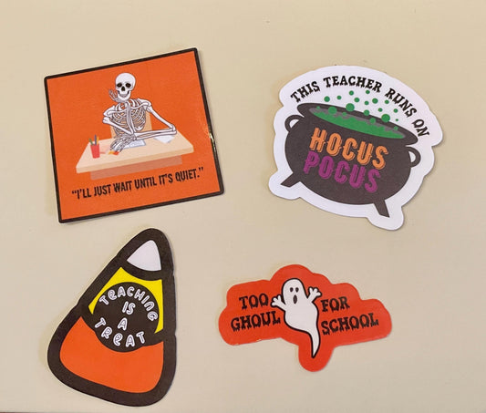 Spooky teacher Halloween stickers with candy corn, witch cauldron, ghost, and skeleton designs