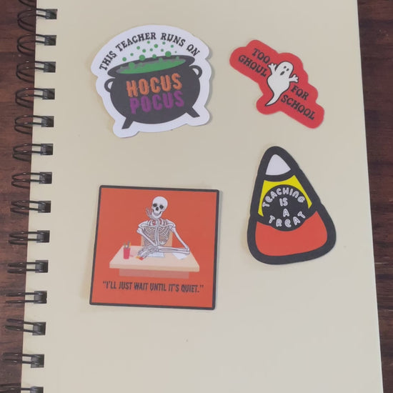 Teacher Halloween sticker pack – candy corn, ghost, skeleton, and witch cauldron illustrations- sticker demo for notebook