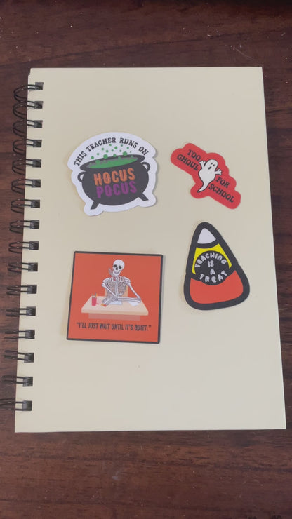 Teacher Halloween sticker pack – candy corn, ghost, skeleton, and witch cauldron illustrations- sticker demo for notebook